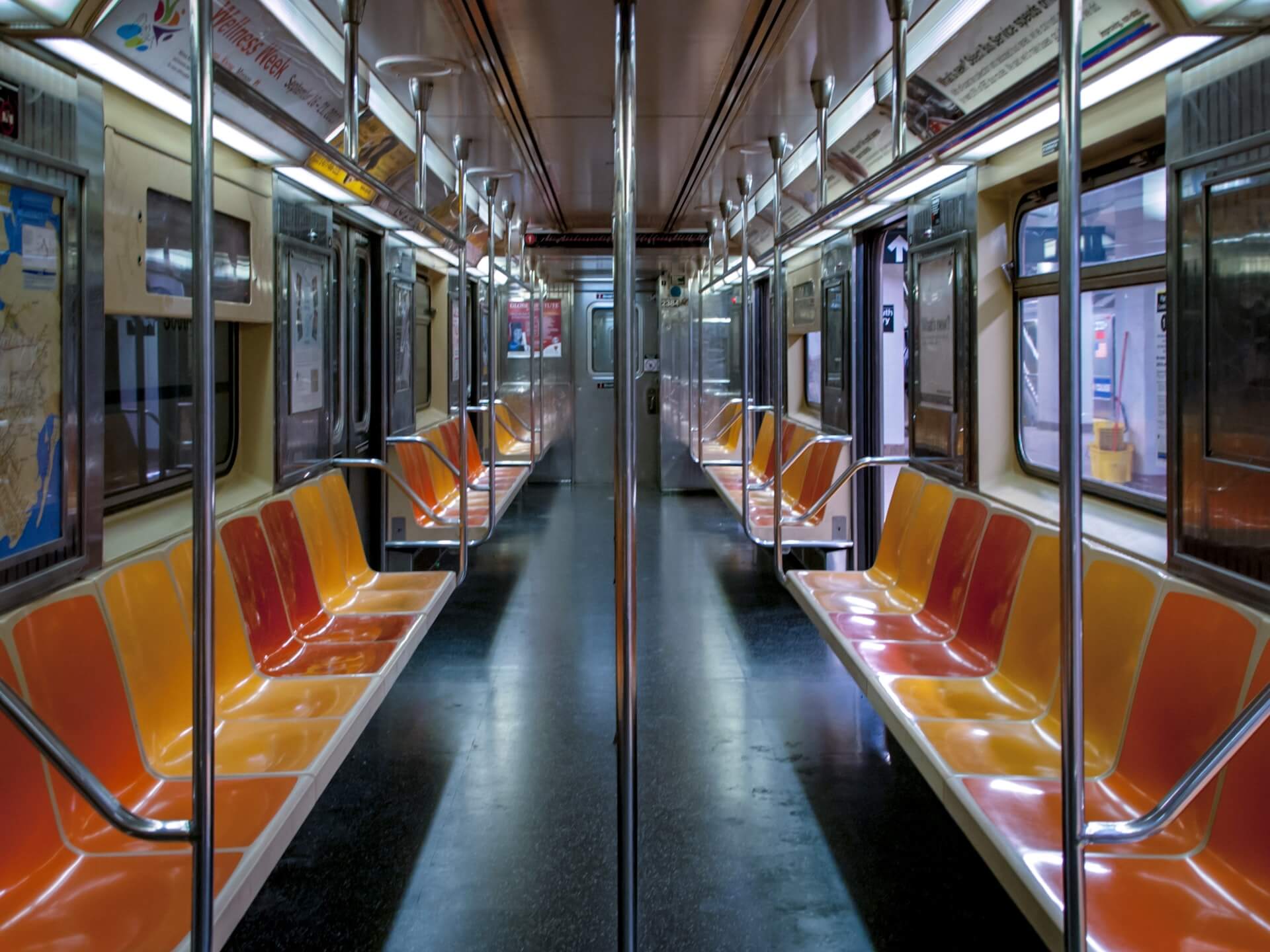 The inside of a subway train
