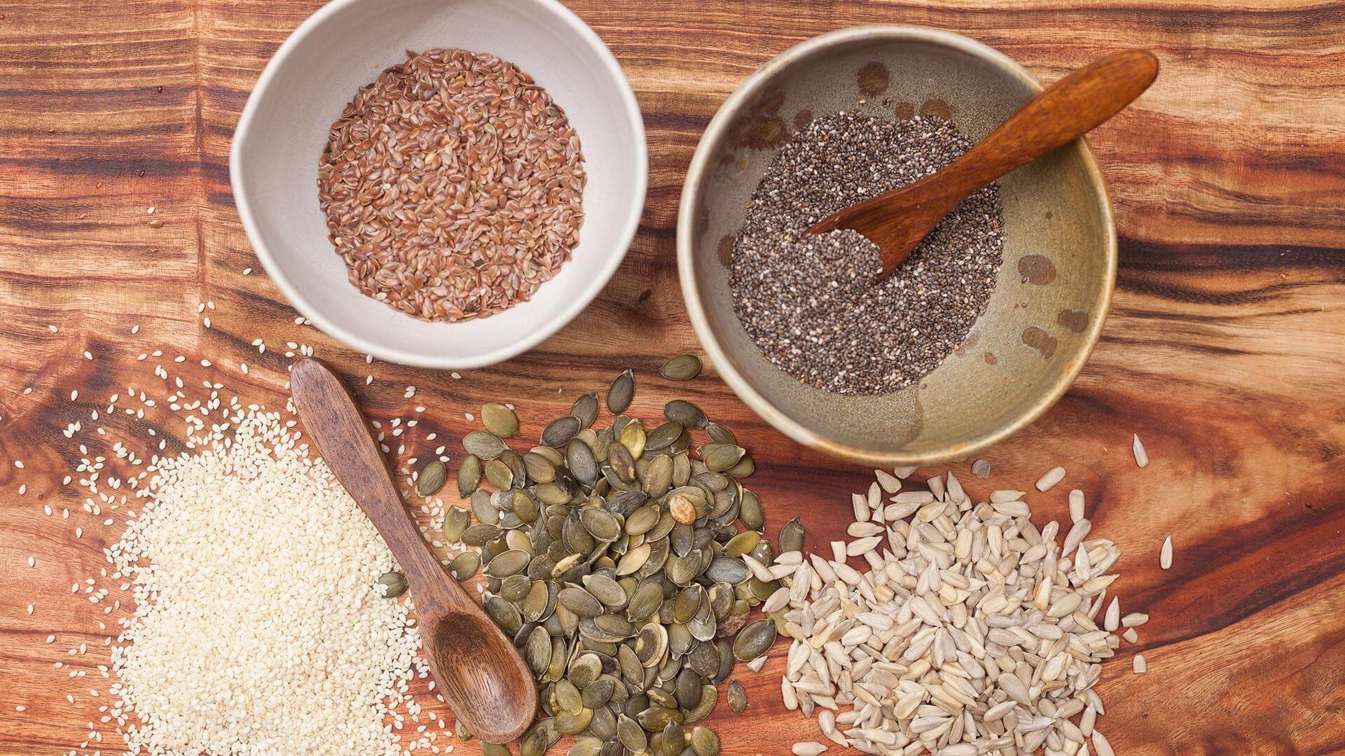 chia seeds, flax seeds, sesame seeds and pumpkin seeds